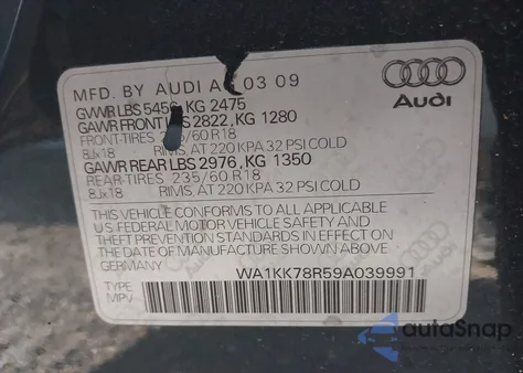 2009 Audi Q5 3.2 Premium z USA, uszkodzony, nr VIN WA1KK78R59A039991